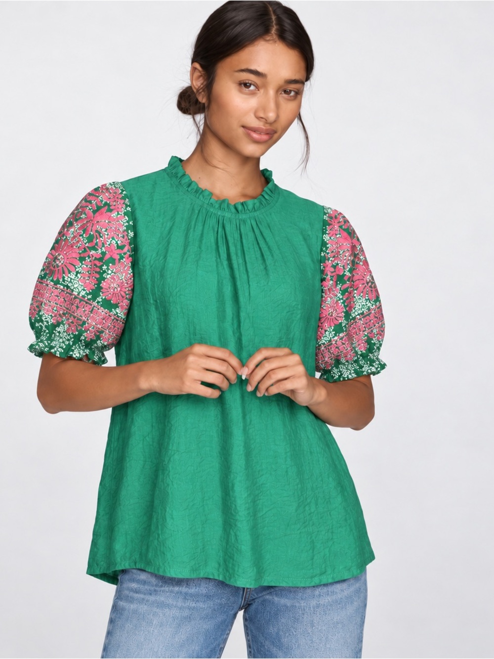 THML Green Pink Floral Puff Sleeve Ruffle Neck Blouse Medium